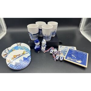 Delft Blue Holland Souvenir Lot Espresso Mugs Coasters Tiles Clogs Figurines